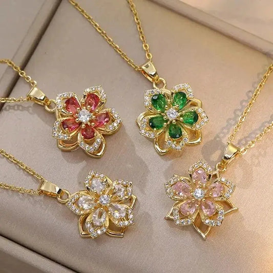Light luxury spin zircon flower pendant necklaces in gold with cubic zirconia accents and colorful petals