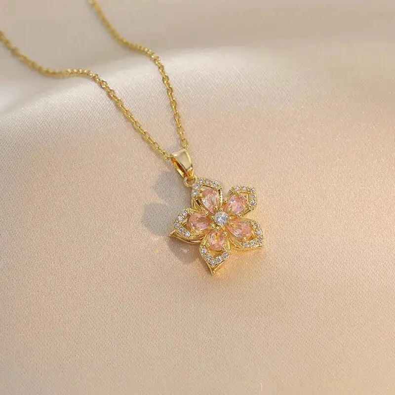 Light Luxury Spin Zircon Flower Pendant Necklace Gold My Store