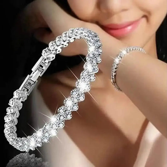 Elegant women's chain bracelet featuring sparkling cubic zircon rhinestones with a shiny pavé setting, perfect for daily wear and gifting.