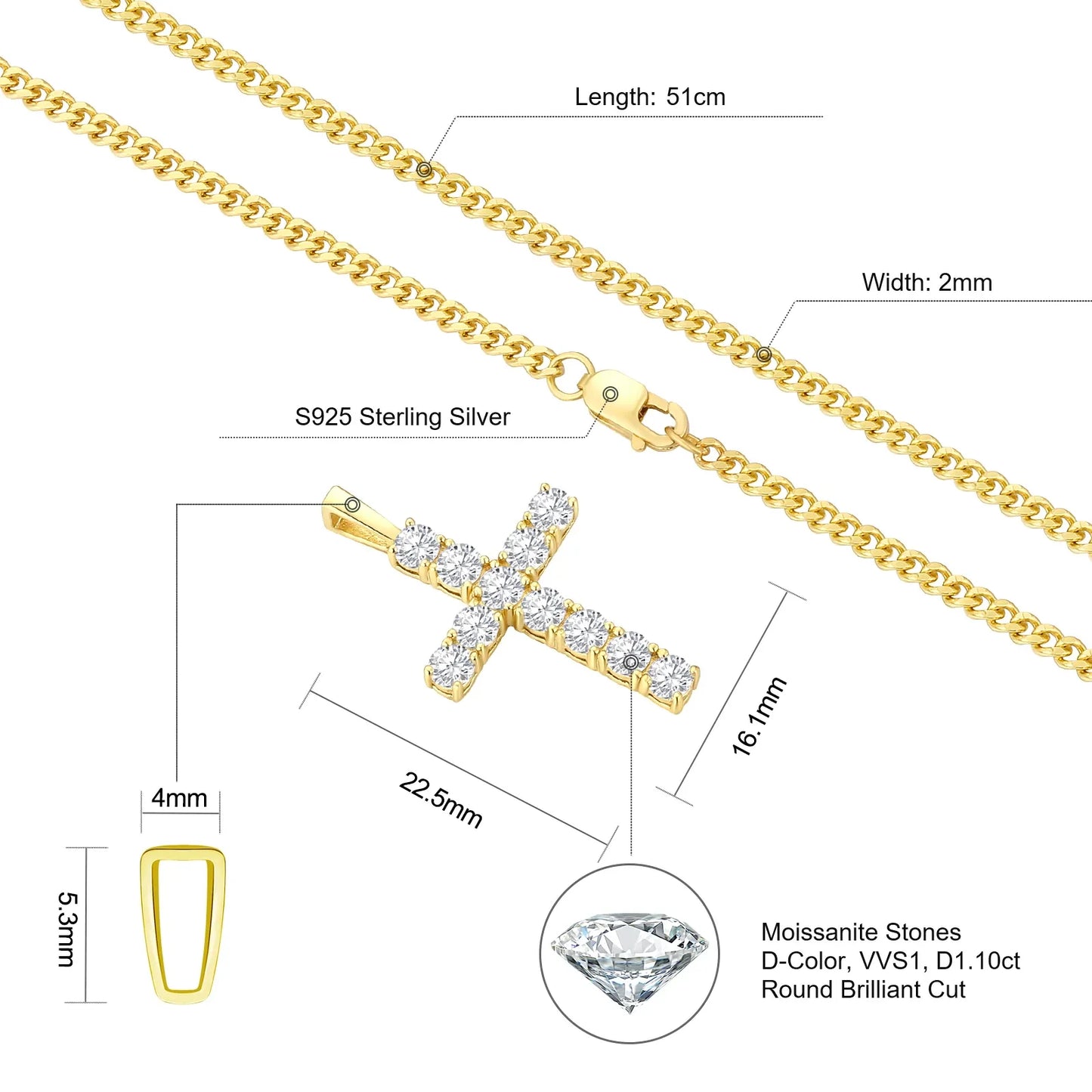 Aurellia Jewelry Moissanite Cross Necklace | Unisex VVS Moissanite Pendant | 925 Sterling Silver Faith Jewelry Gift