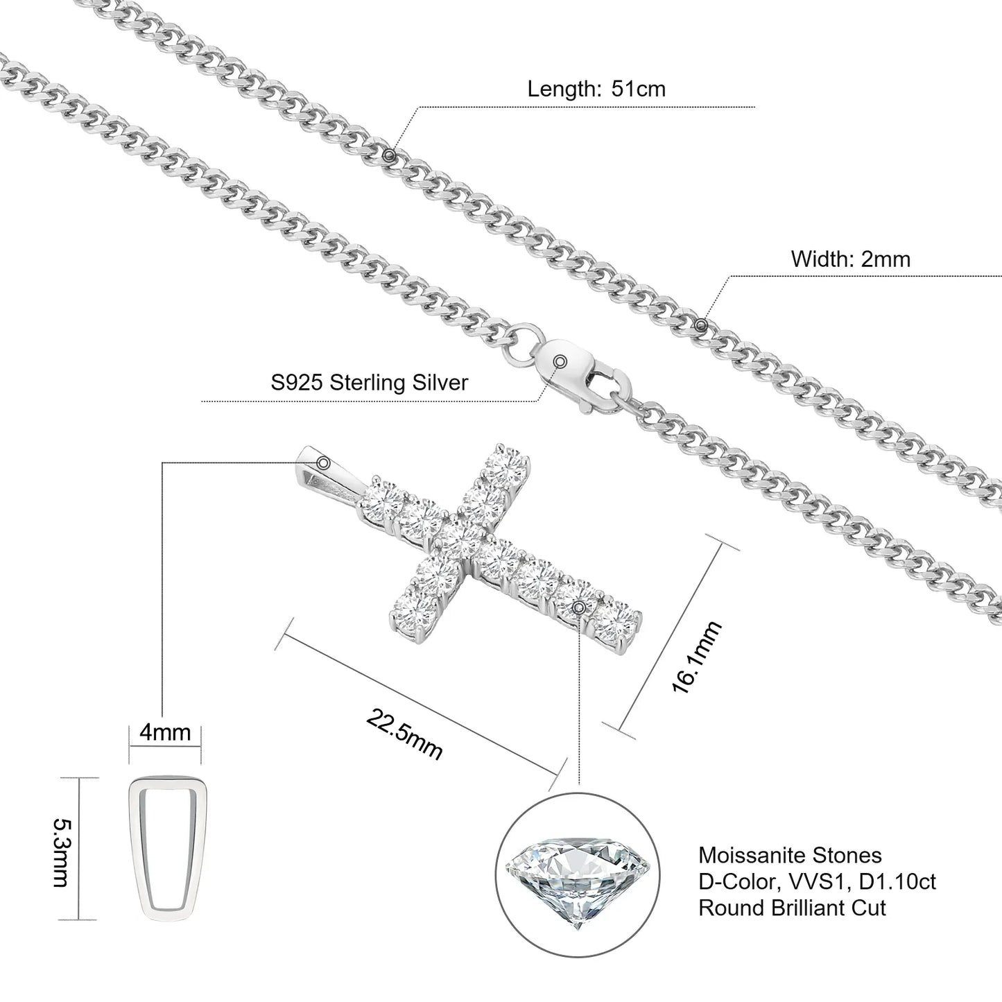 Aurellia Jewelry Moissanite Cross Necklace | Unisex VVS Moissanite Pendant | 925 Sterling Silver Faith Jewelry Gift
