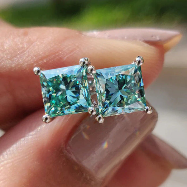 2.0Ct Stunning Square Princess Cut Paraiba Tourmaline Stud Earrings In Sterling Silver