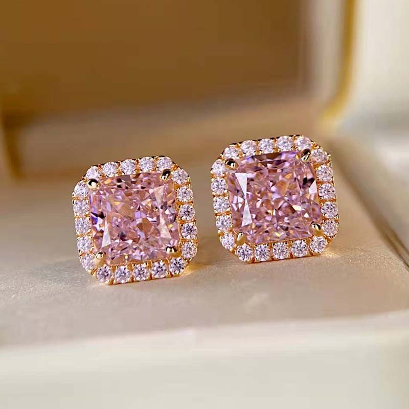 3.0Ct Elegant Rose Gold Halo Radiant Cut Pink Sapphire Stud Earrings In Sterling Silver