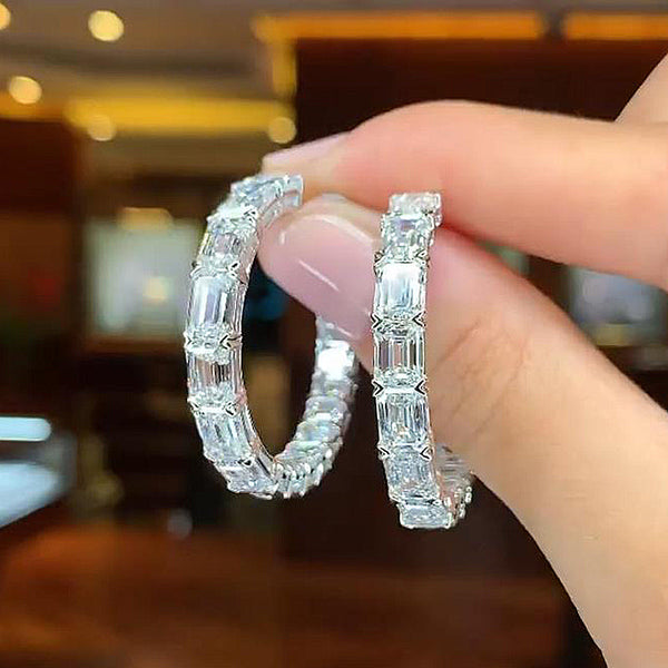 8.0Ct Sparkle Emerald Cut Women's Hoop Earrings In Sterling Silver