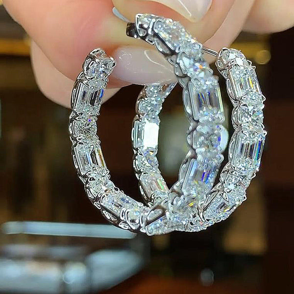 Fashion Emerald Cut & Round Cut Women's Earrings In Sterling Silver