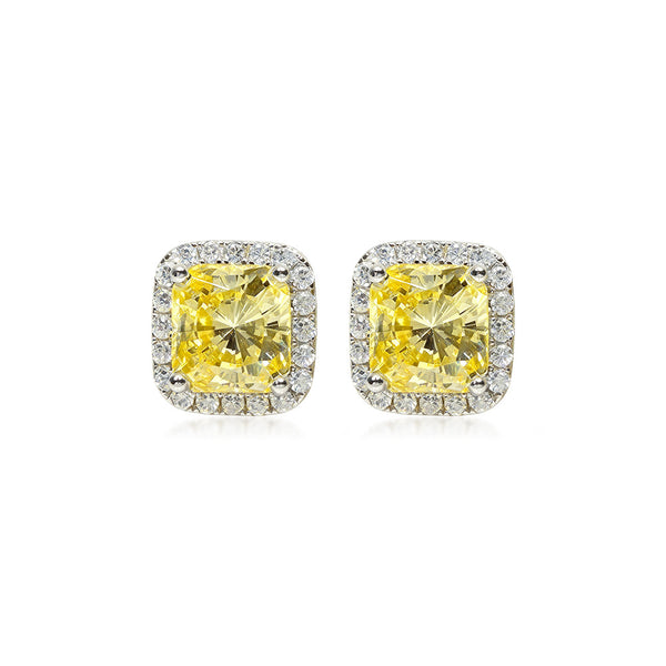 2.0 Carat Yellow Sapphire Halo Princess Cut Sterling Silver Women's Stud Earrings