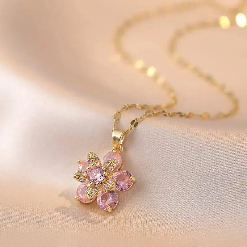 Light Luxury Spin Zircon Flower Pendant Necklace Gold My Store