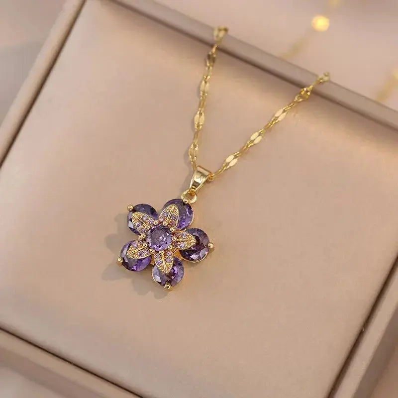 Light Luxury Spin Zircon Flower Pendant Necklace Gold My Store