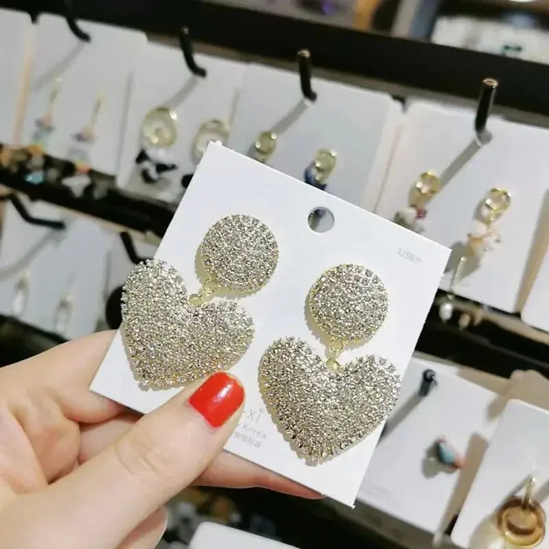 Heart Shaped Rhinestone Drop Earrings Gold Tone For Women - Aurellia