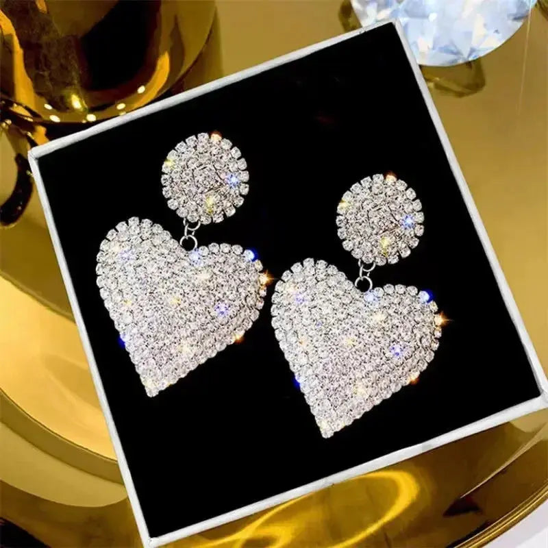 Heart Shaped Rhinestone Drop Earrings Gold Tone For Women - Aurellia
